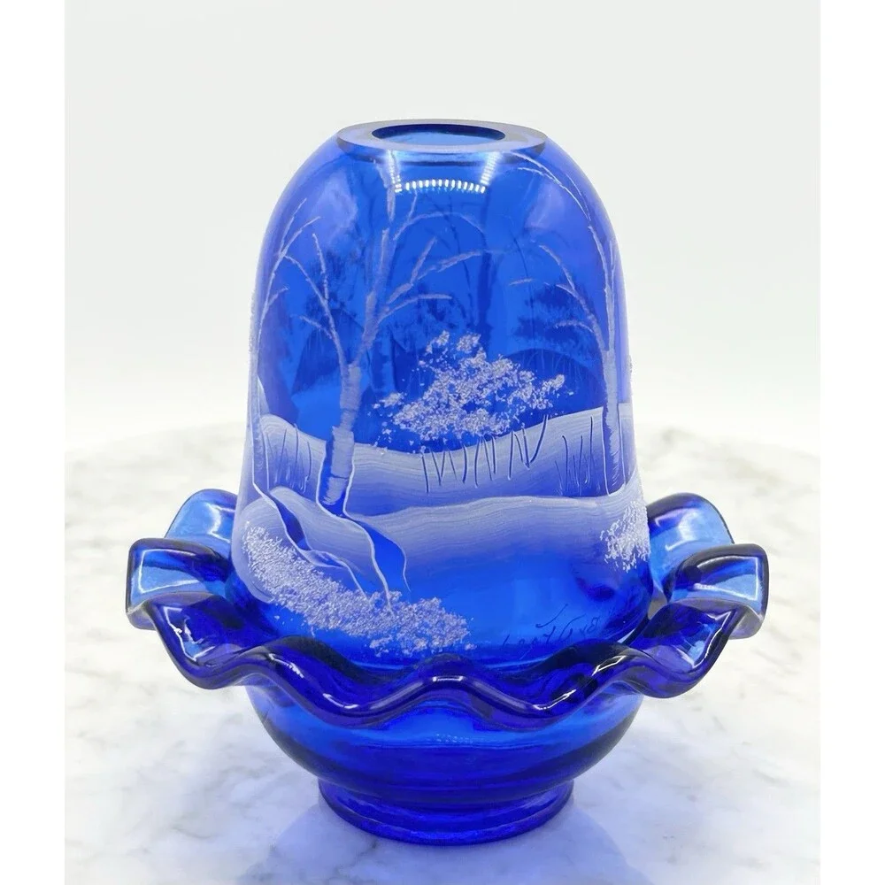 Fenton “Canaan Valley” Cobalt Fairy Lamp Signed D. Frederick